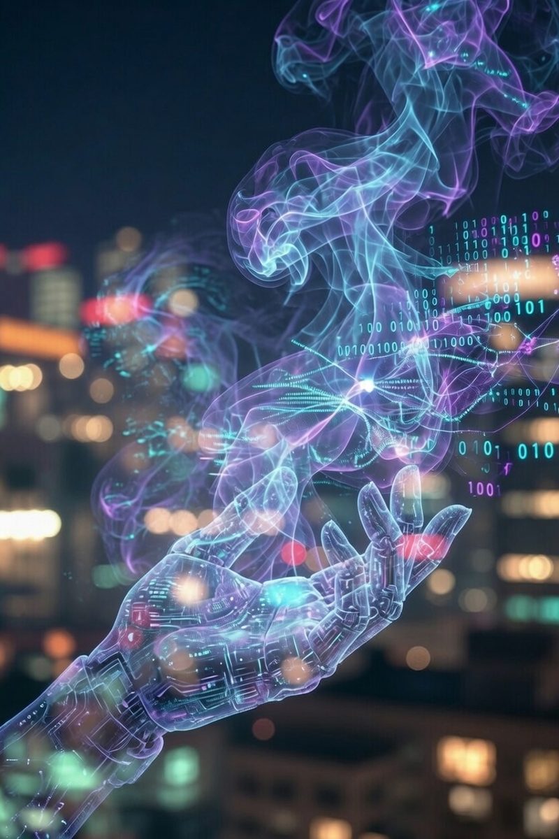 Glowing AI hand with digital data streams