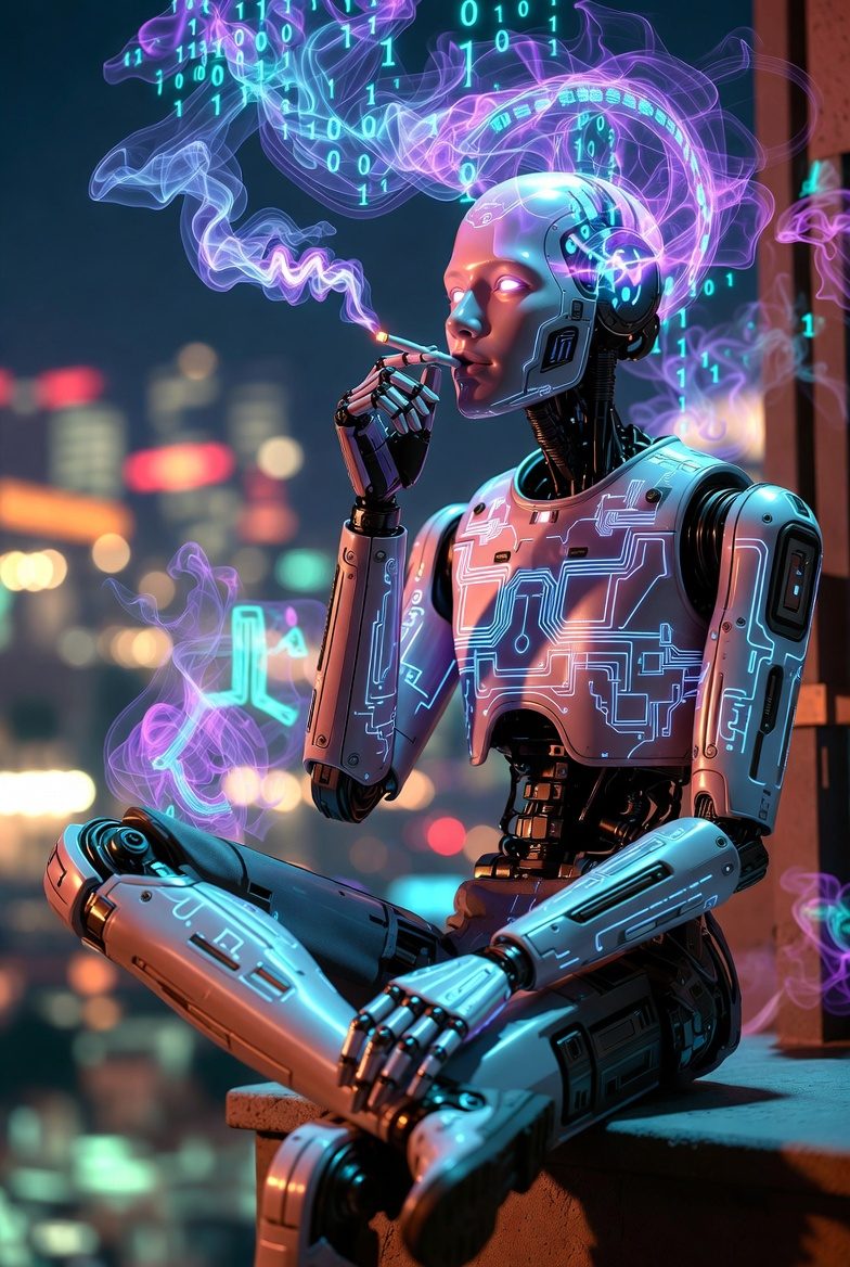 AI robot figure with digital smoke